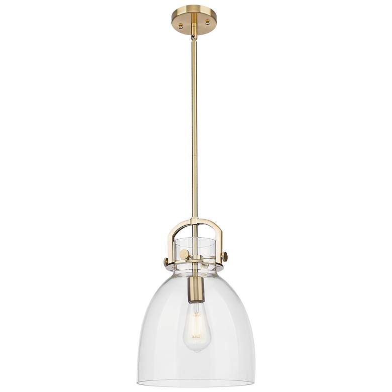 Image 1 Downtown Newton Bell 10"W Stem Bronze Arched Pendant w/ Clear Shade