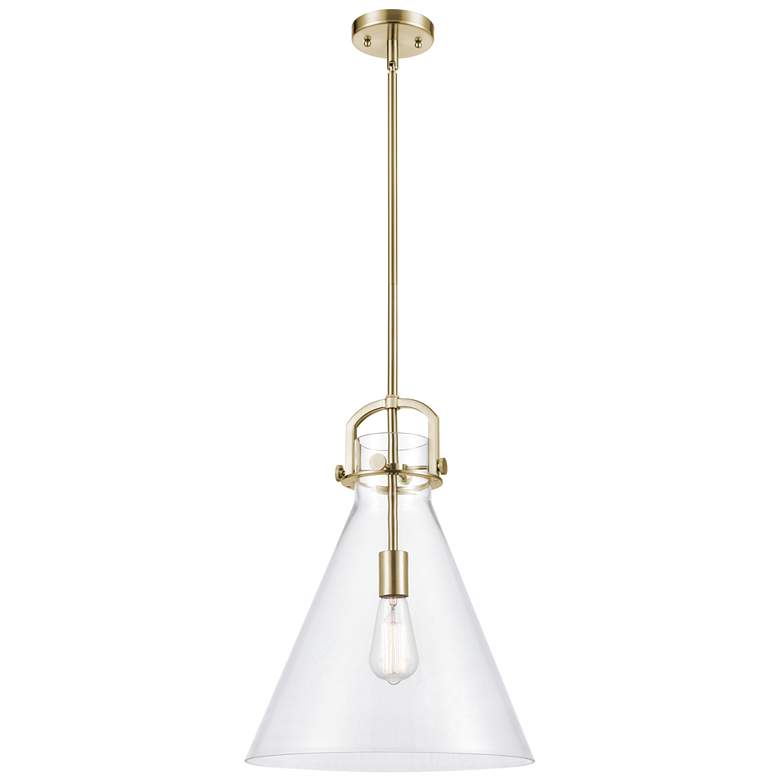 Image 1 Downtown Newton Cone 14"W Stem Bronze Arched Pendant w/ Clear Shade