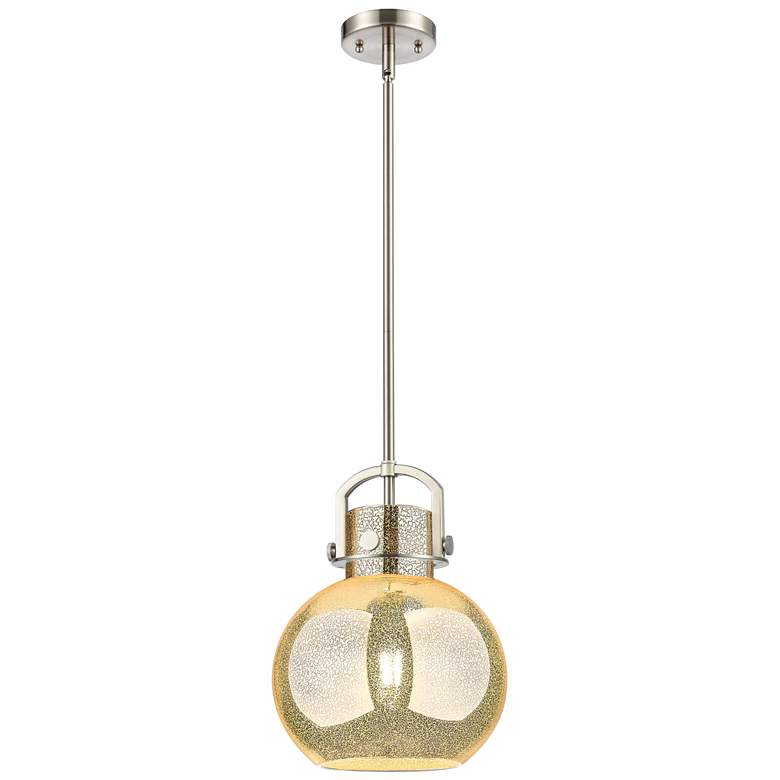 Image 1 Downtown Newton Sphere 10"W Satin Nickel Arch Pendant w/ Mercury Shade