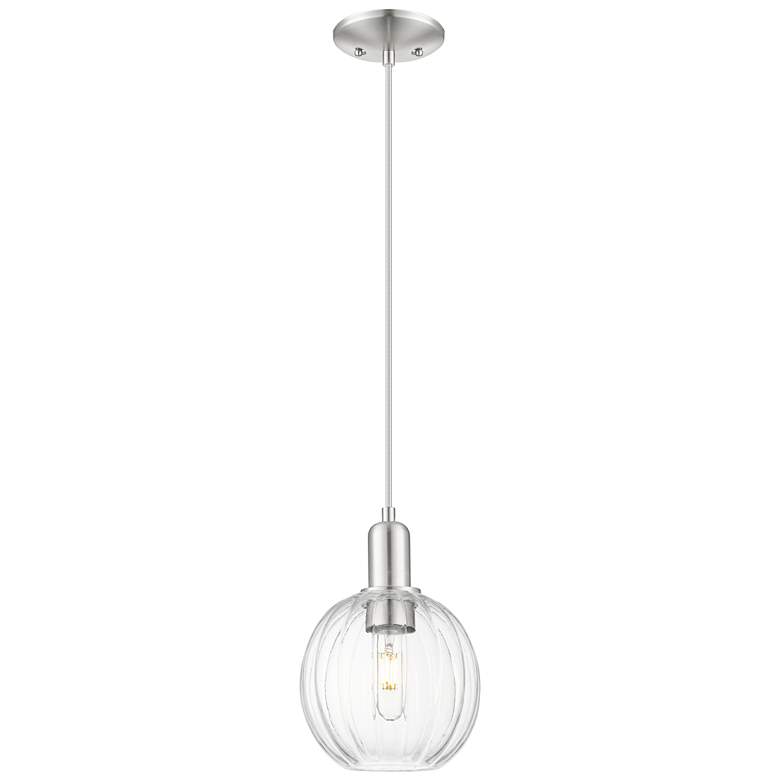 Image 1 Downtown Preston 7"W Cord Satin Nickel Pendant w/ Clear Globe Shade