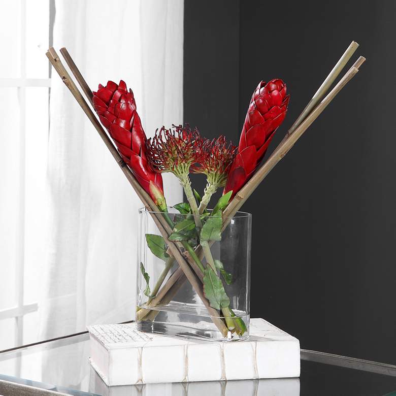 Image 1 Dracana Red Protea and Red Ginger 21"W Faux Flowers in Vase