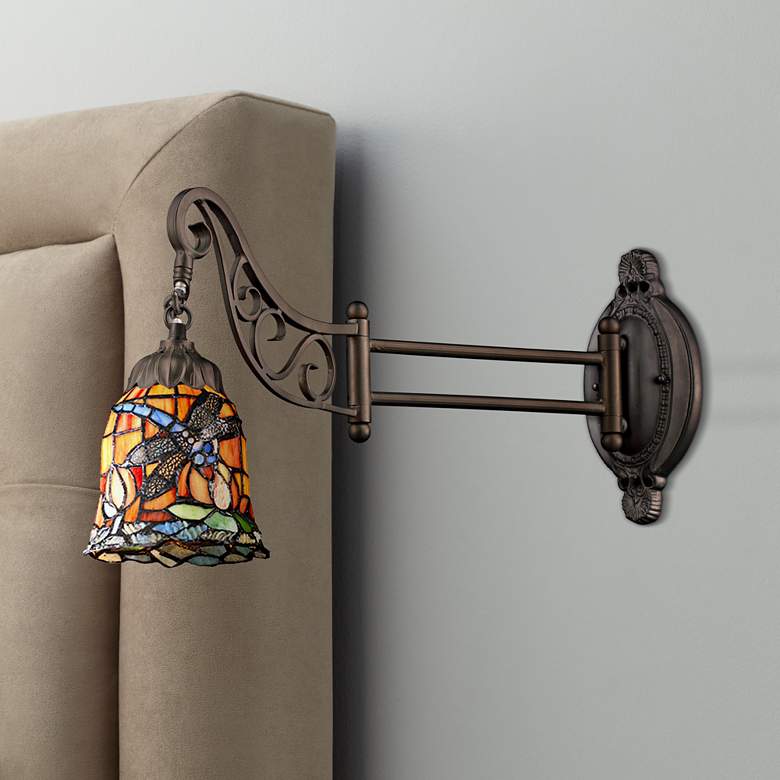 Image 1 Dragonfly Bronze Tiffany Style Swing Arm Wall Lamp