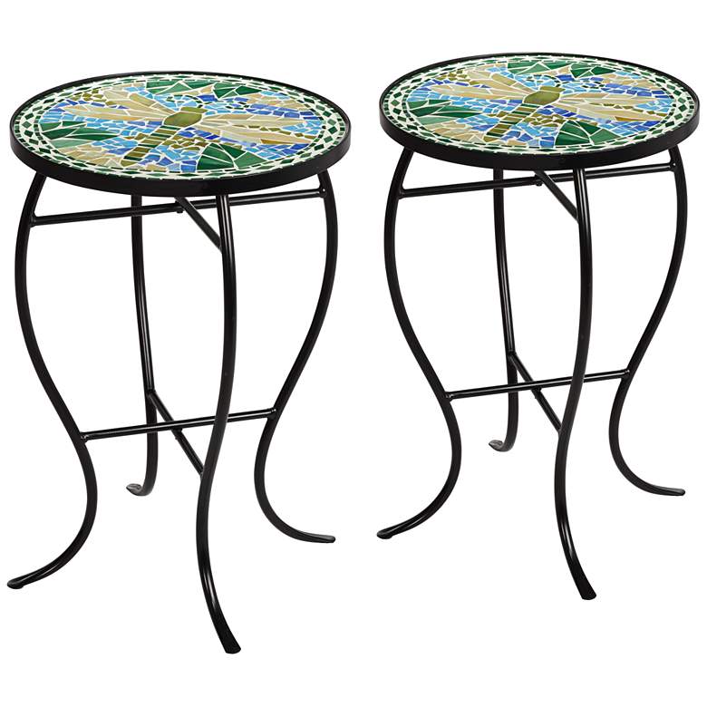 Image 1 Dragonfly Mosaic Black Iron Outdoor Accent Tables Set of 2