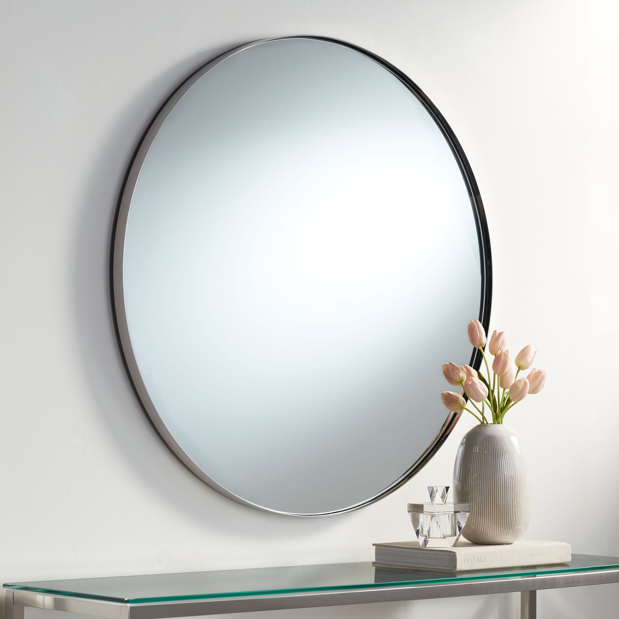 Drake Polished Nickel 34" Round Wall Mirror - #005E8 | Lamps Plus