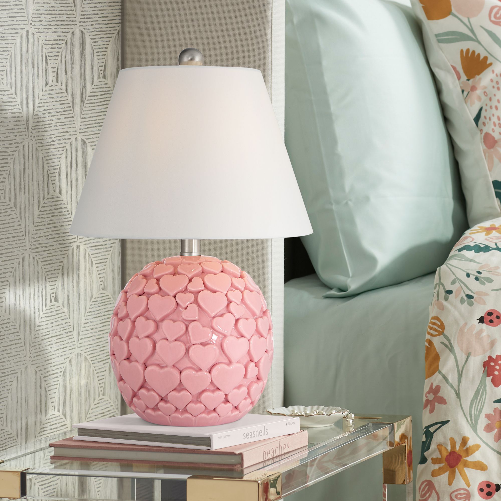DreamGlow Lovebug 17 1/4"H Pink Hearts Ceramic Table Lamp Set Dimmer in scene