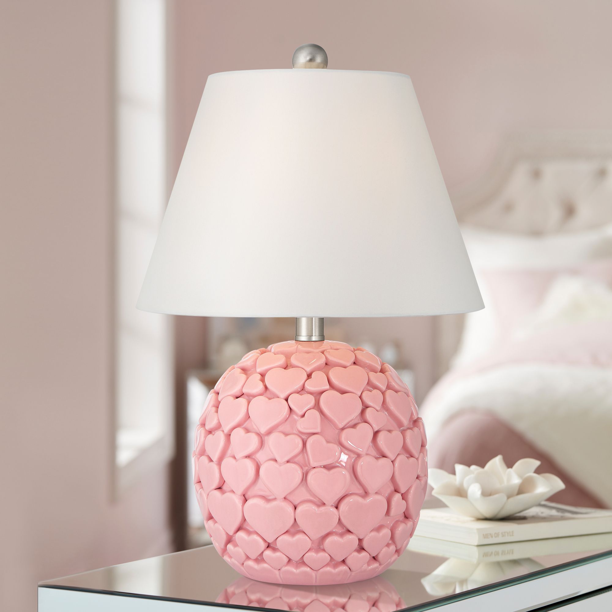 DreamGlow Lovebug 17 1/4"H Pink Hearts Ceramic Table Lamp Set Dimmer in scene