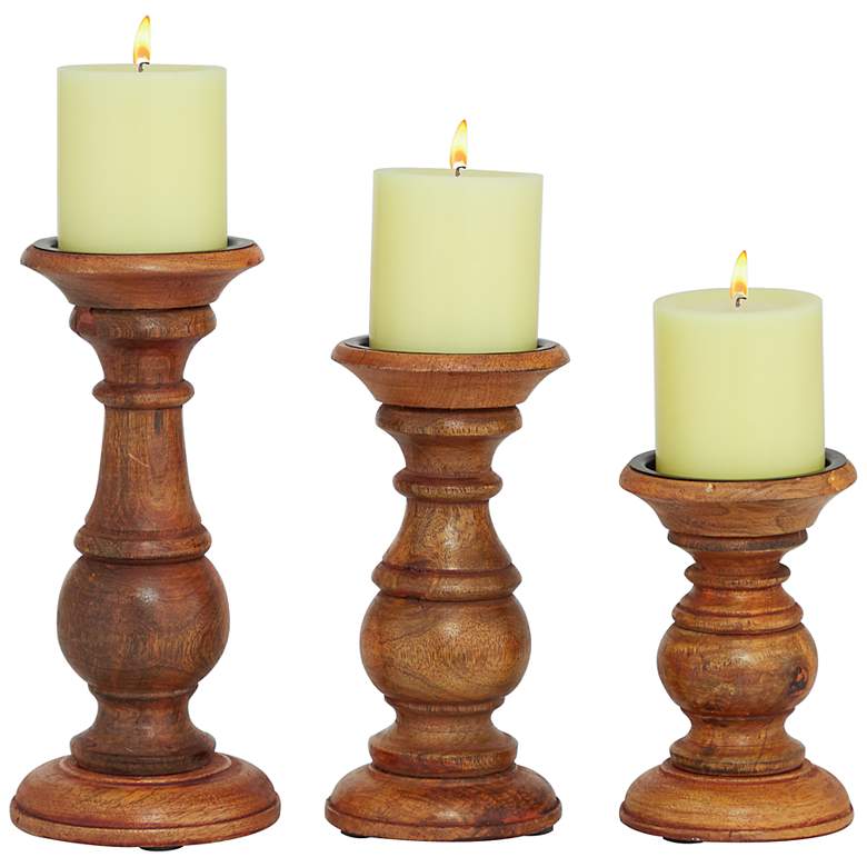 Image 2 Dresden Varnished Brown Wood Pillar Candle Holders Set of 3
