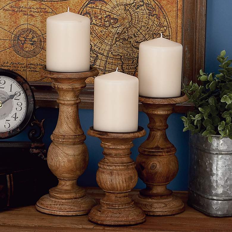 Image 1 Dresden Varnished Brown Wood Pillar Candle Holders Set of 3
