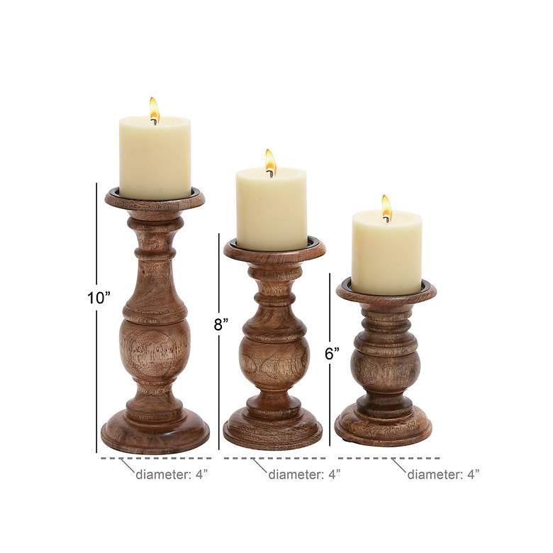 Image 6 Dresden Varnished Brown Wood Pillar Candle Holders Set of 3 more views