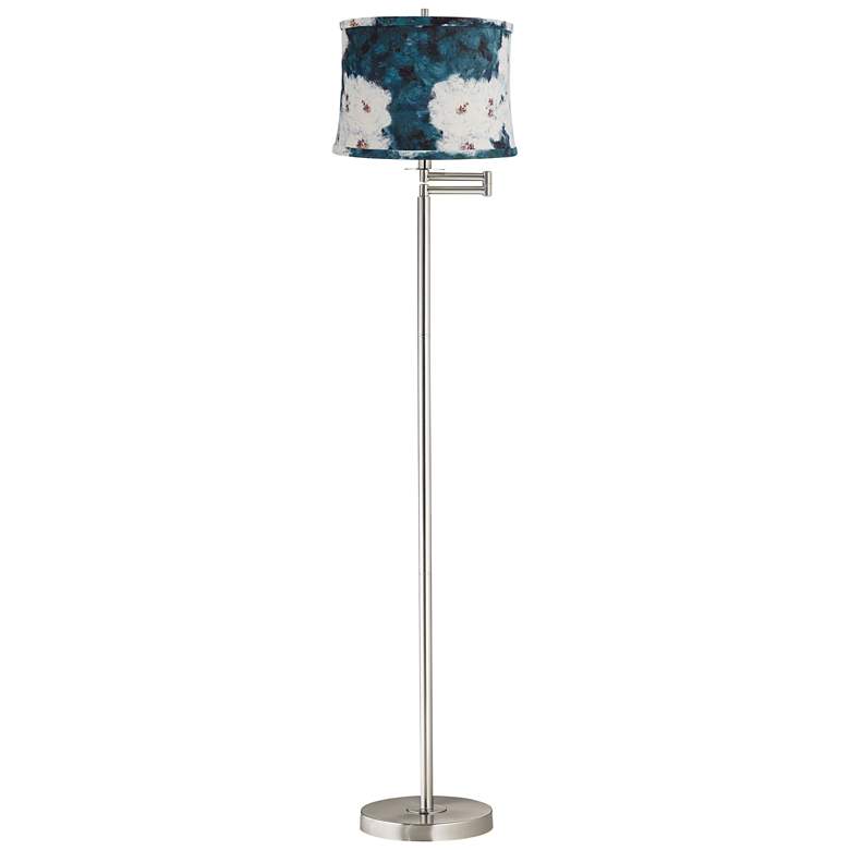 Image 1 Druckman 60 1/2"H Brushed Nickel Blue White Shade Swing Arm Floor Lamp