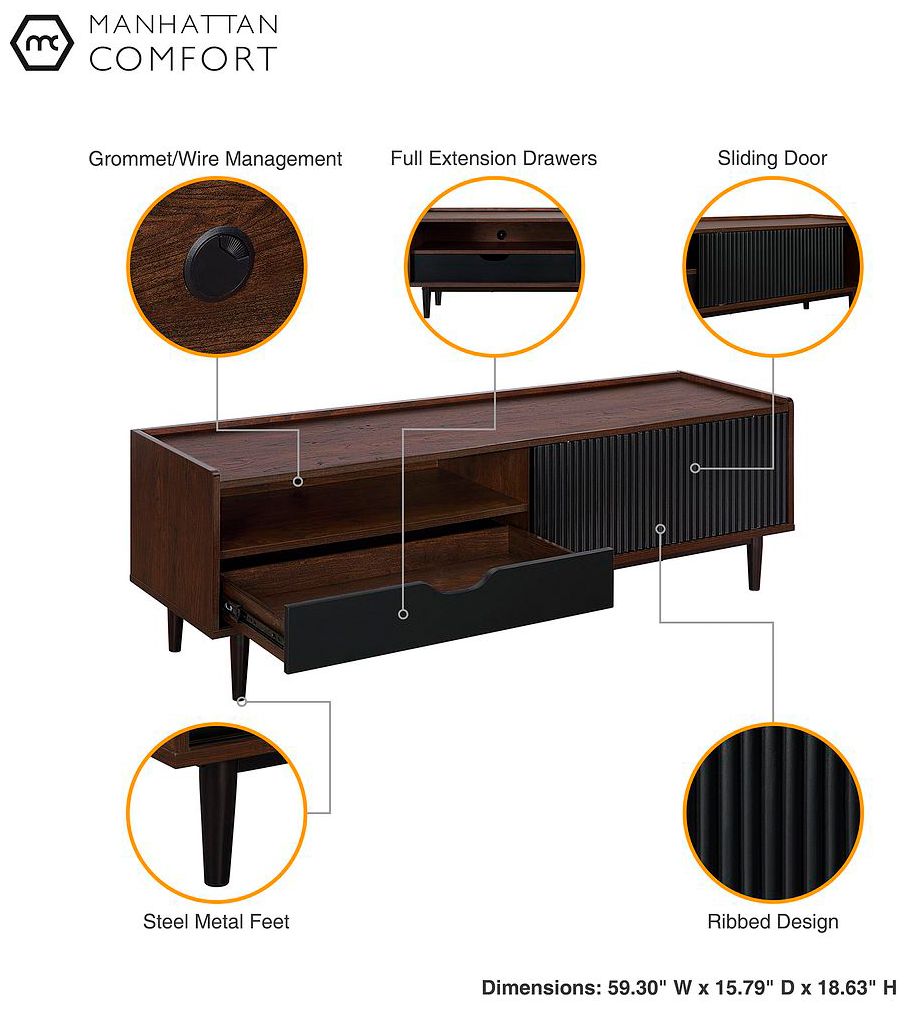 Image 7 Duane 59.25 Modern Ribbed TV Stand in Dark Brown and Black more views