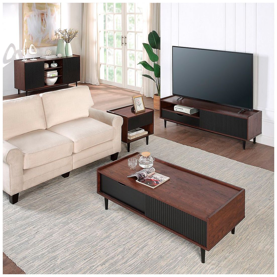 Duane 59.25 Modern Ribbed TV Stand in Dark Brown and Black