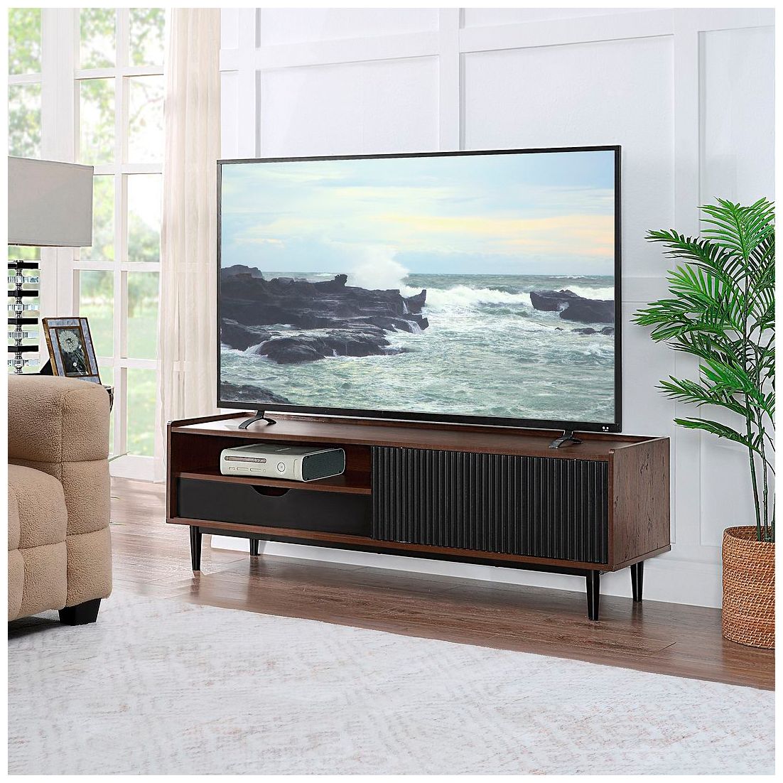 Duane 59.25 Modern Ribbed TV Stand in Dark Brown and Black
