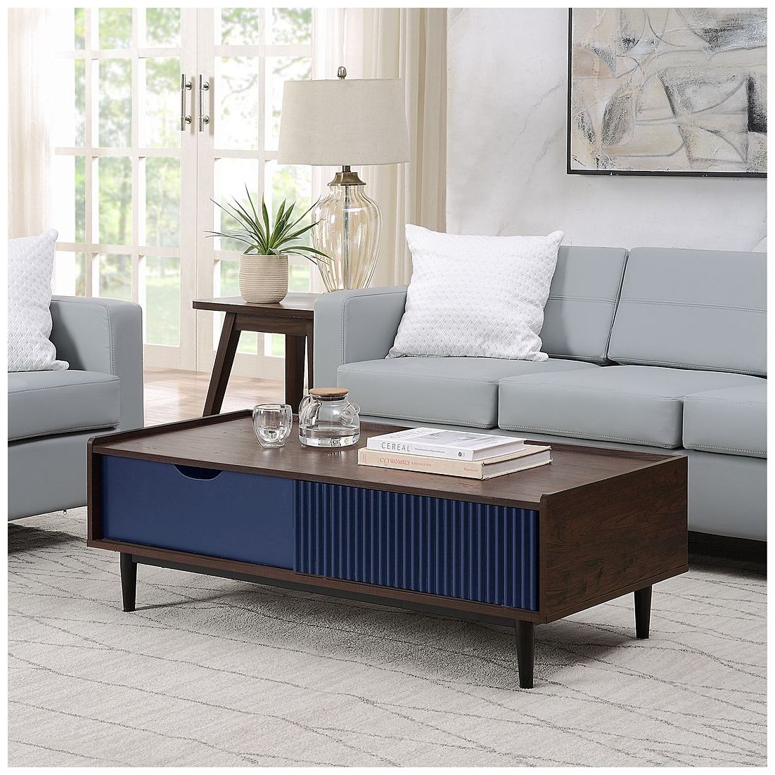 Image 2 Duane Ribbed Coffee Table with Drawer and Shelf Dark Brown and Navy Blue more views