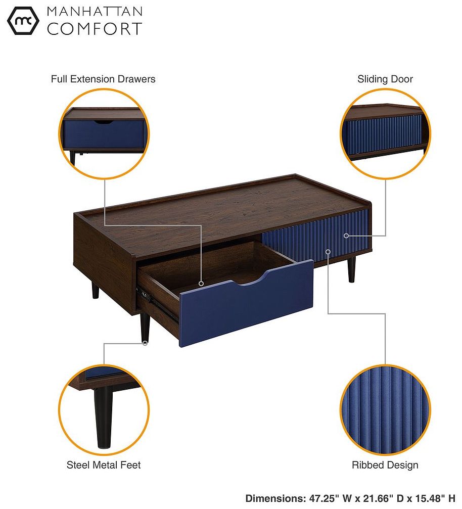 Image 4 Duane Ribbed Coffee Table with Drawer and Shelf Dark Brown and Navy Blue more views