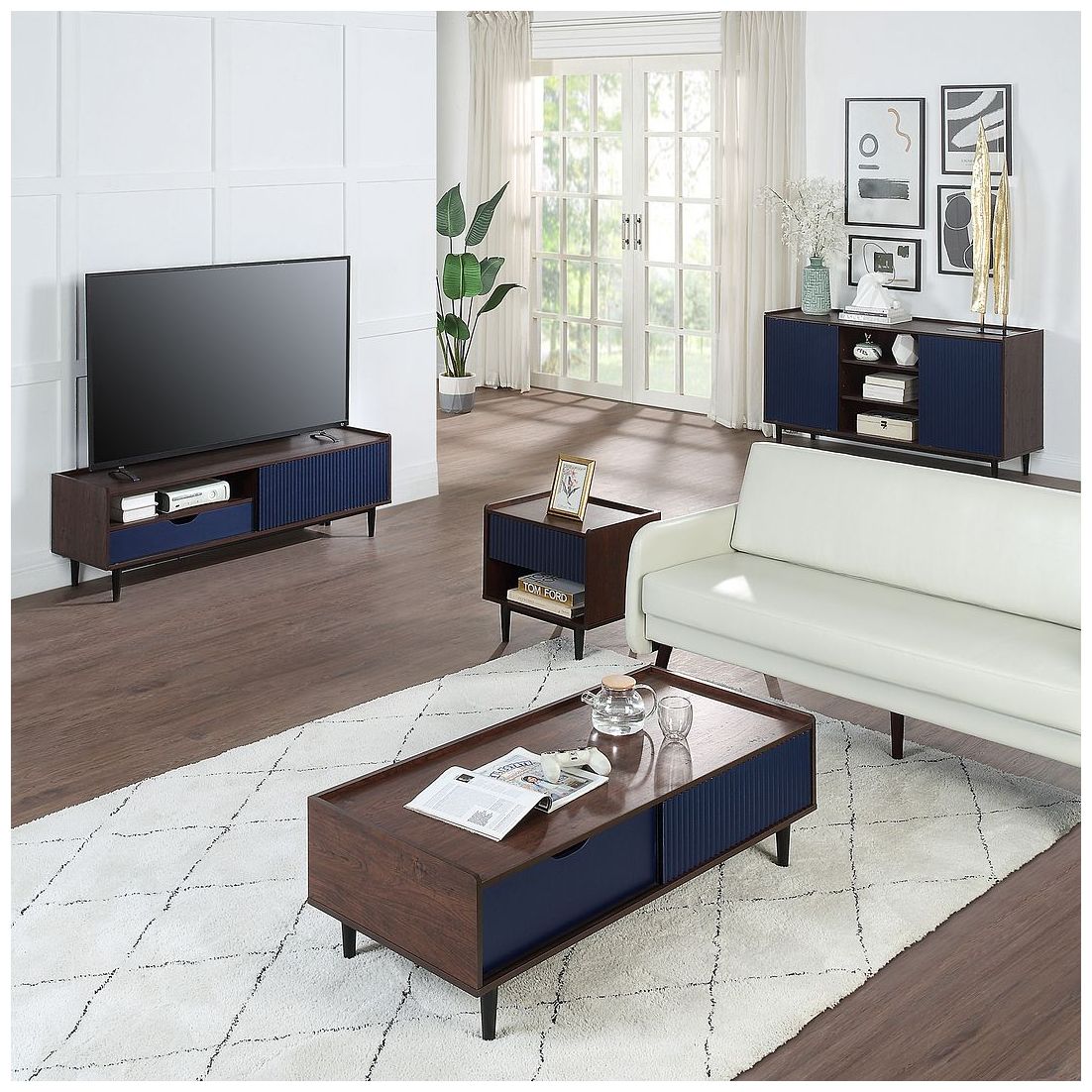 Duane Ribbed Coffee Table with Drawer and Shelf Dark Brown and Navy Blue