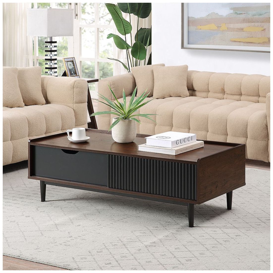 Image 2 Duane Ribbed Coffee Table with Drawer and Shelf in Dark Brown and Black more views