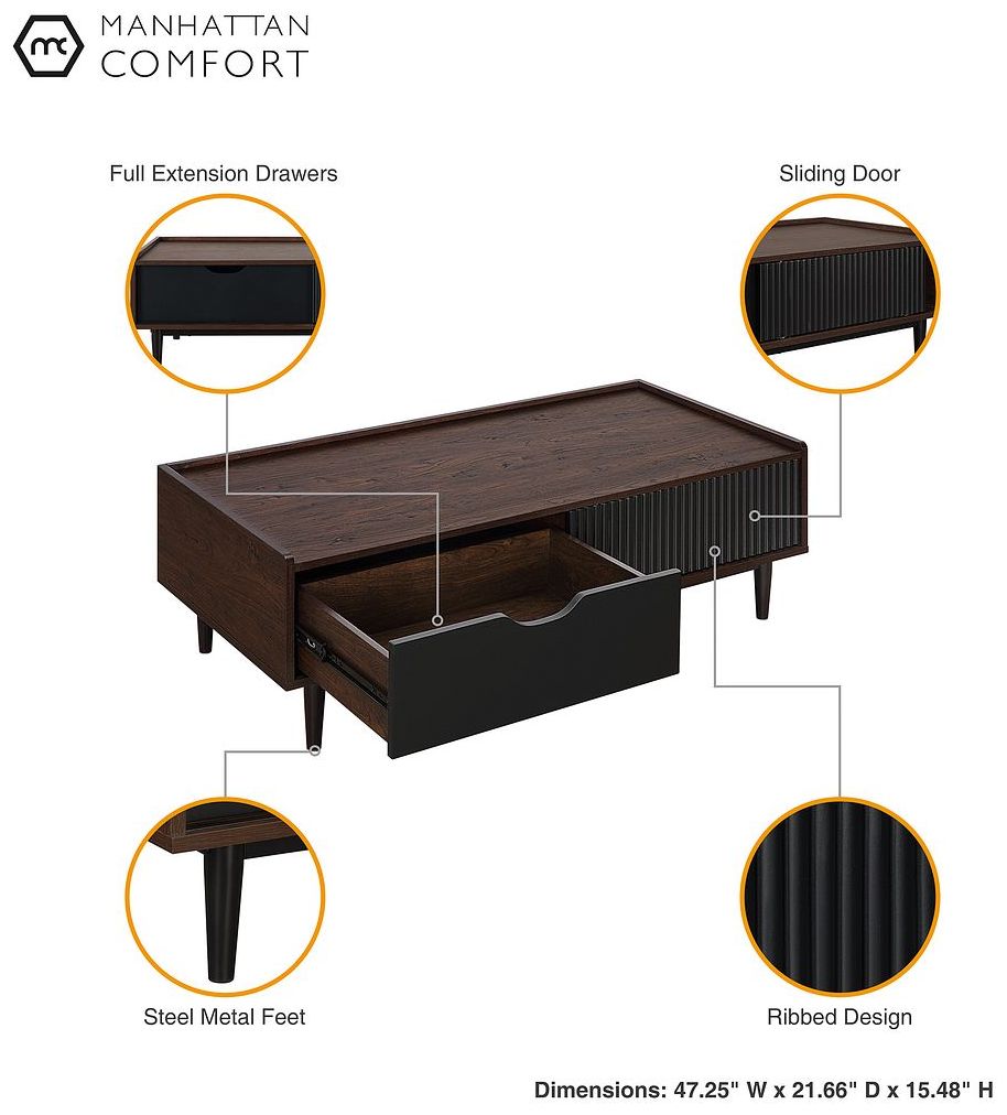 Image 4 Duane Ribbed Coffee Table with Drawer and Shelf in Dark Brown and Black more views
