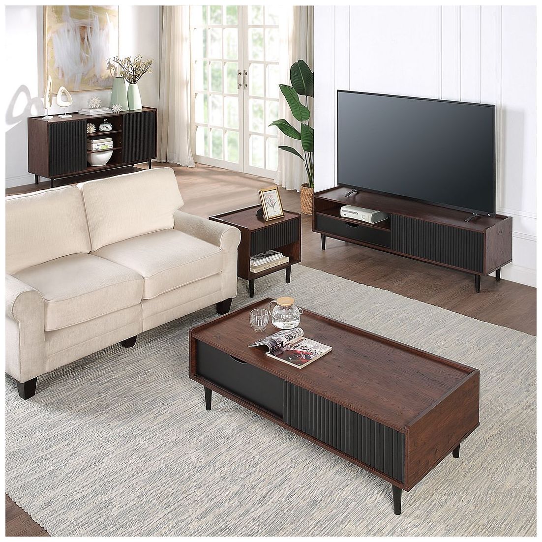 Duane Ribbed Coffee Table with Drawer and Shelf in Dark Brown and Black
