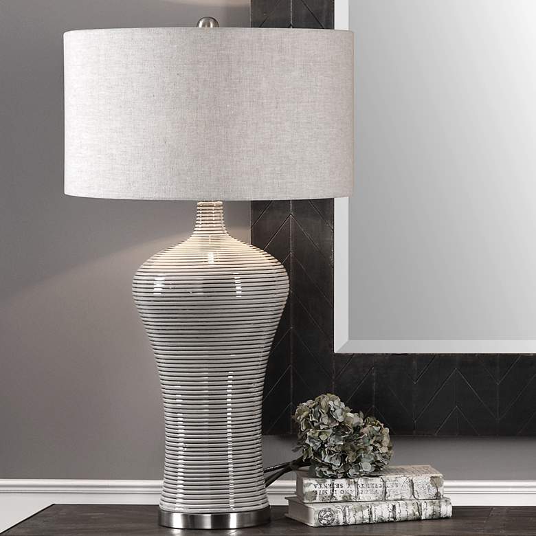 Image 1 Dubrava Distressed Light Gray Glaze Ceramic Table Lamp