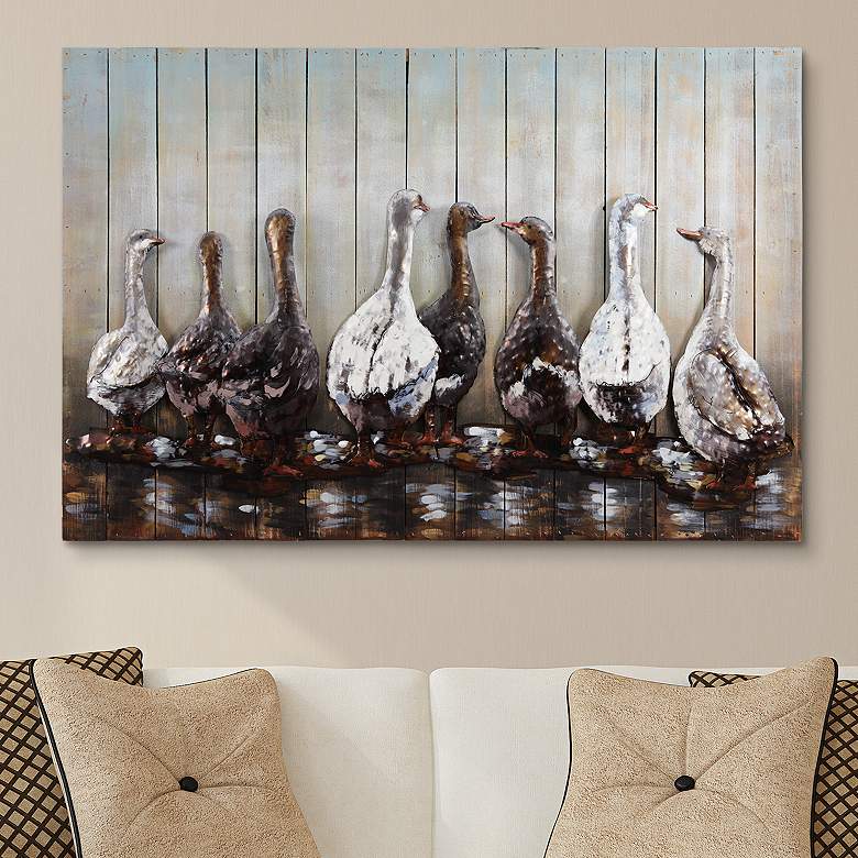 Image 1 Ducks" Hand-painted Iron Wall sculpture with solid Wood Frame