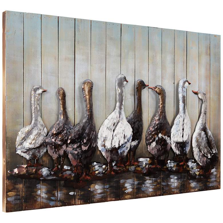 Image 3 Ducks" Hand-painted Iron Wall sculpture with solid Wood Frame more views