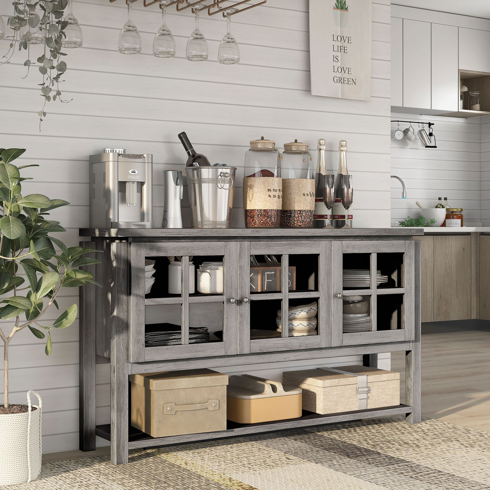 Dumble 59" Wide Vintage Gray Oak Wood Multi-Storage Buffet in scene