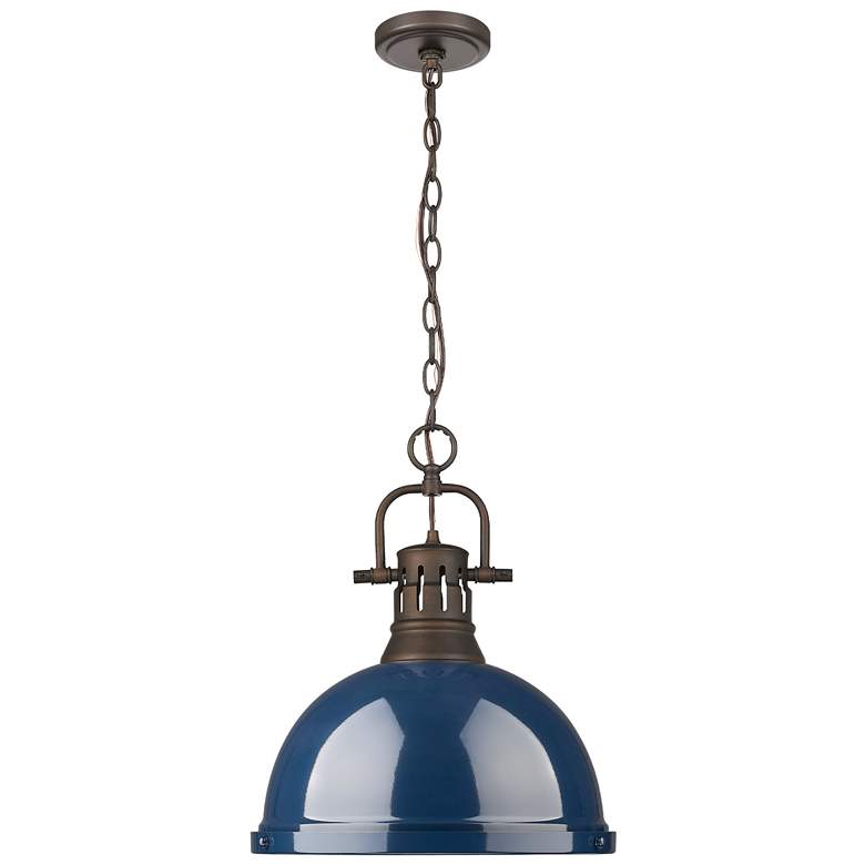 Image 1 Duncan 1-Light Pendant with Chain in Rubbed Bronze with Matte Navy