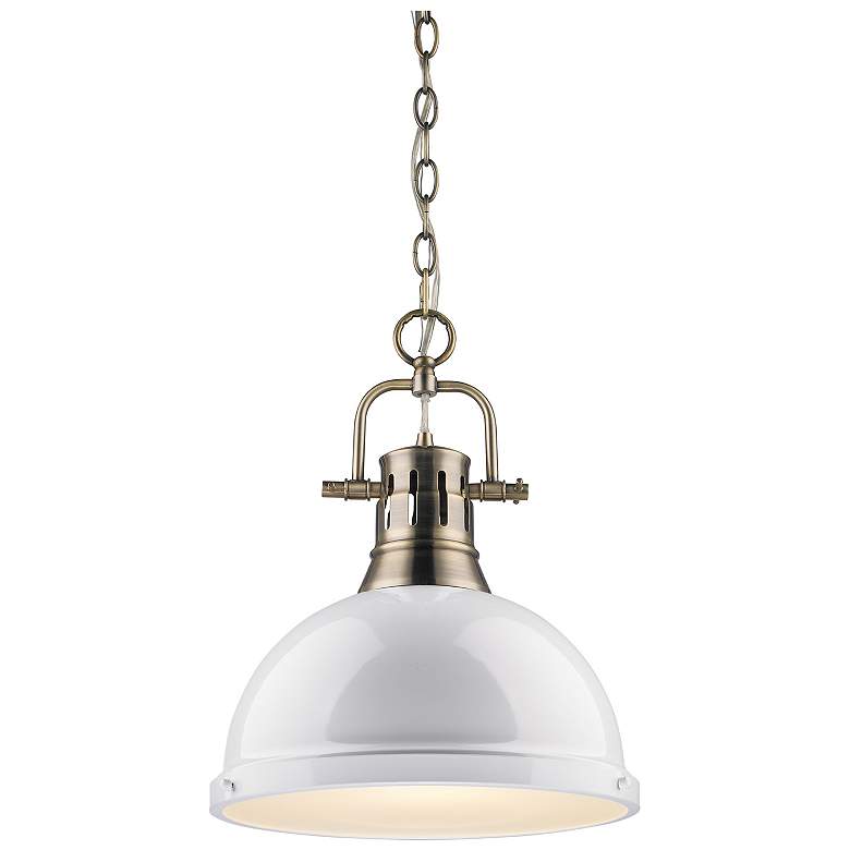 Image 1 Duncan 14" Wide 1-Light Pendant with Chain in Aged Brass with White