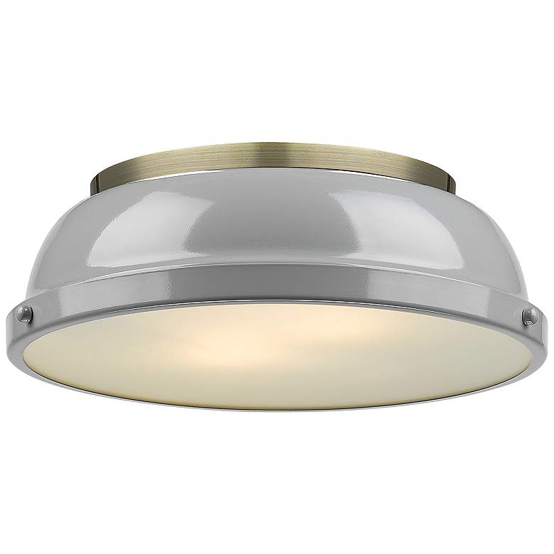 Image 1 Duncan 14" Wide Aged Brass 2-Light Flush Mount With Gray Shade