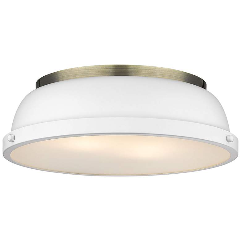 Image 1 Duncan 14" Wide Aged Brass 2-Light Flush Mount With Matte White Shade