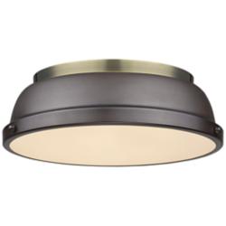 Duncan 14&quot; Wide Aged Brass 2-Light Flush Mount With Rubbed Bronze Shad