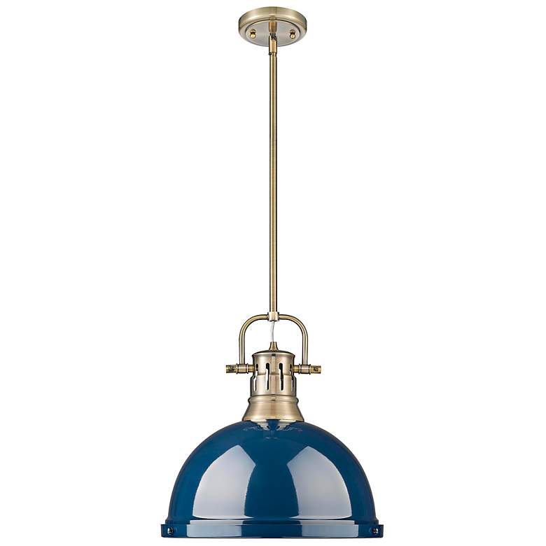 Image 1 Duncan 14" Wide Aged Brass and Matte Navy Dome Pendant Light