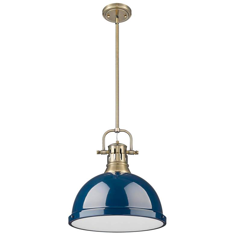 Image 2 Duncan 14" Wide Aged Brass and Matte Navy Dome Pendant Light more views