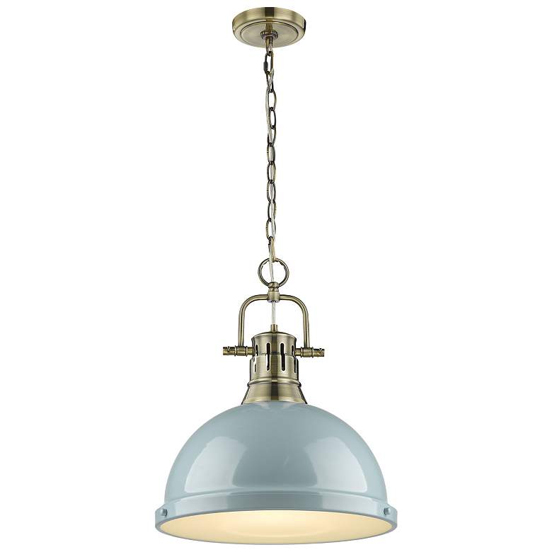 Image 1 Duncan 14" Wide Aged Brass Pendant Light with Seafoam Shade