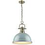 Duncan 14" Wide Aged Brass Pendant Light with Seafoam Shade