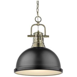Duncan 14"W Aged Brass Chain Pendant Light with Black Shade