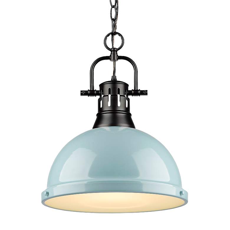 Image 1 Duncan 14"W Matte Black Chain Pendant Light w/ Seafoam Shade