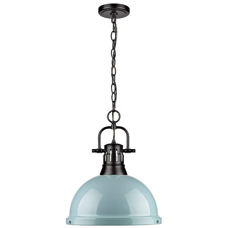 Image 3 Duncan 14"W Matte Black Chain Pendant Light w/ Seafoam Shade more views