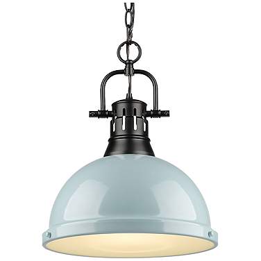 Duncan 14"W Matte Black Chain Pendant Light w/ Seafoam Shade