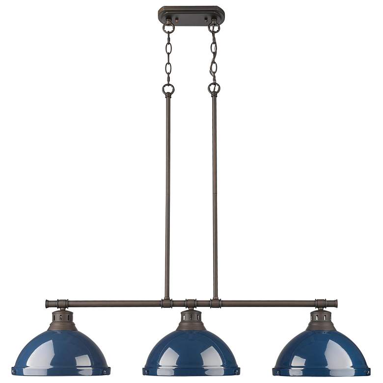 Image 1 Duncan 3-Light Linear Pendant in Rubbed Bronze with Matte Navy