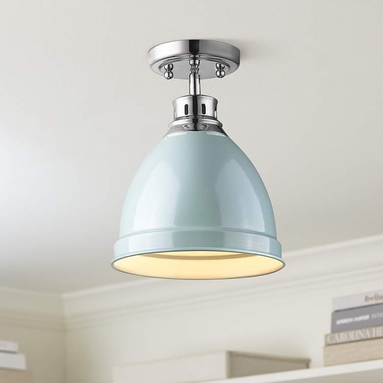 Image 1 Duncan 8 7/8" Wide Chrome 1-Light Flush Mount With Seafoam Shade