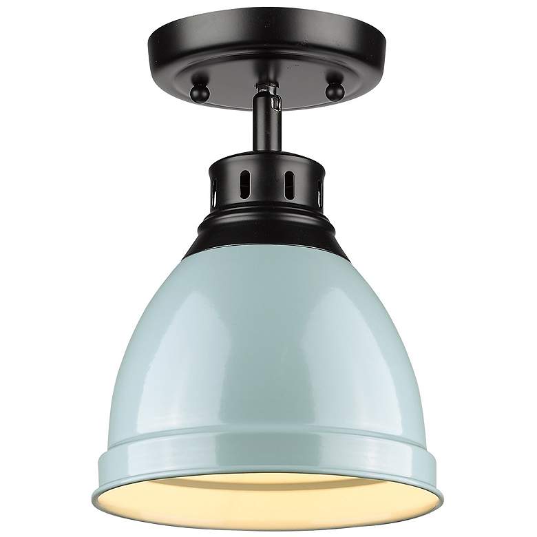 Image 1 Duncan 8 7/8" Wide Matte Black 1-Light Flush Mount With Seafoam Shade