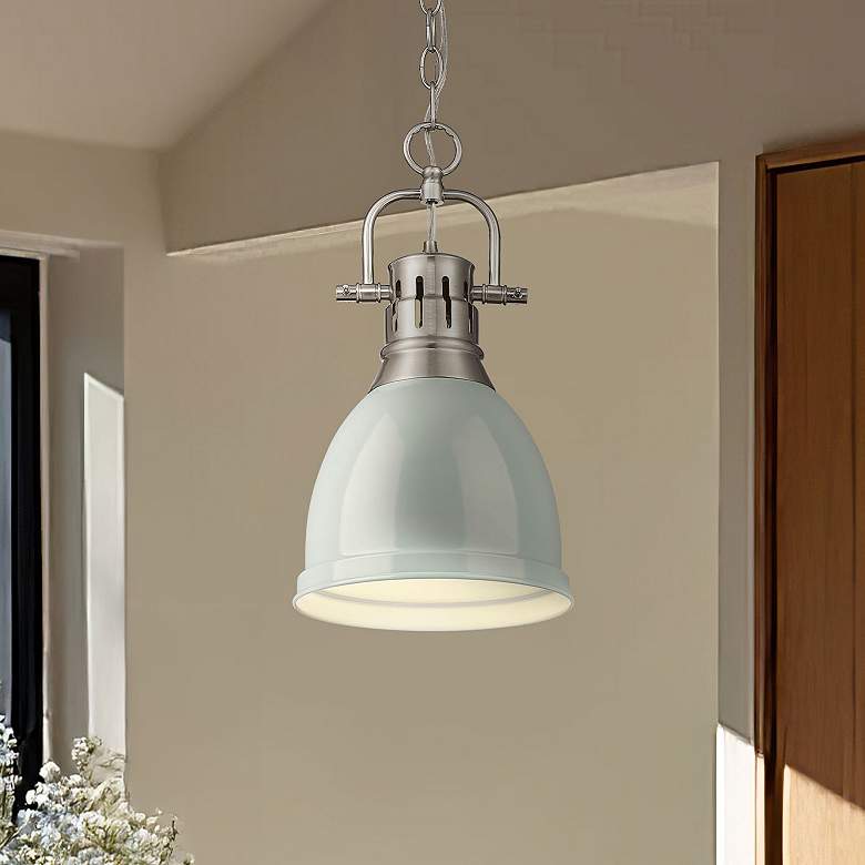 Image 1 Duncan 8 7/8" Wide Small Pendant with Chain in Pewter with Seafoam