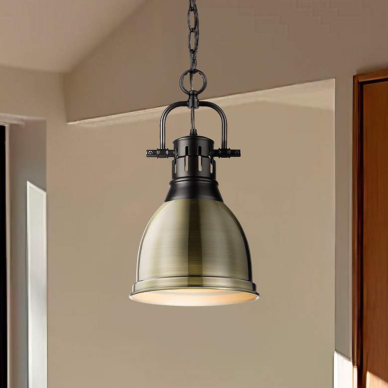 Image 1 Duncan Small Pendant with Chain in Matte Black with Aged Brass