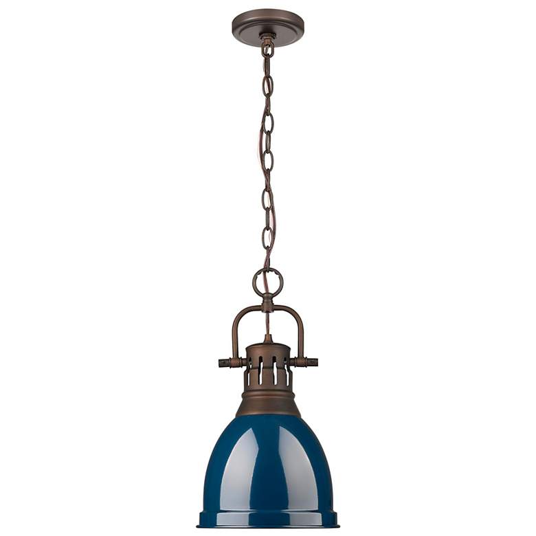 Image 1 Duncan Small Pendant with Chain in Rubbed Bronze with Matte Navy