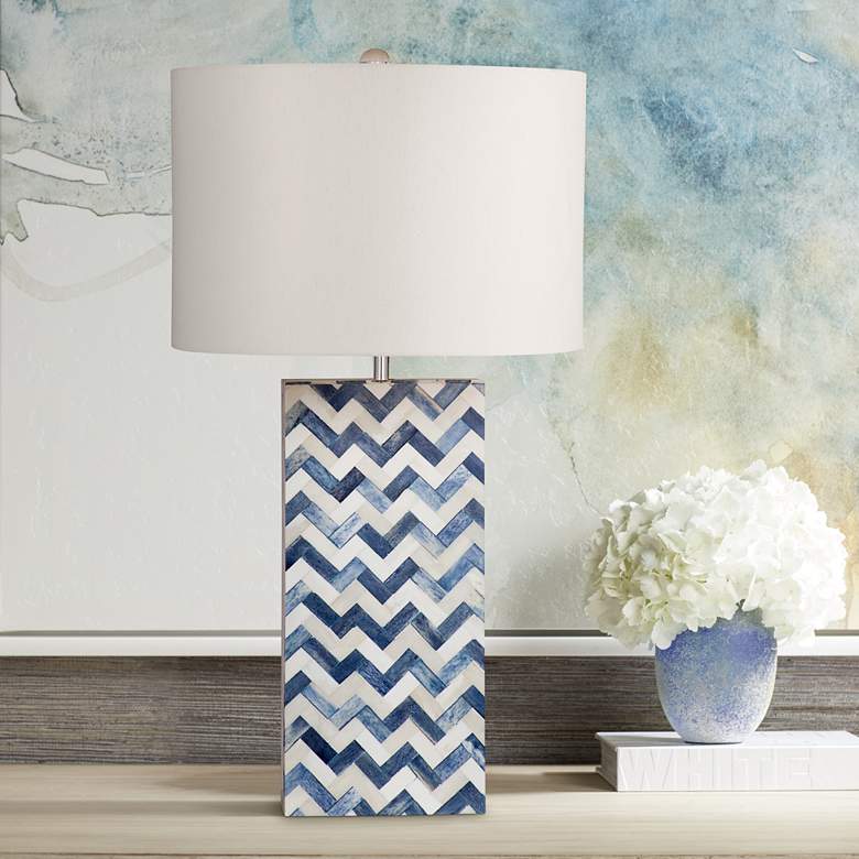 Image 1 Dunmore Blue and White Stripped Chevron Column Table Lamp