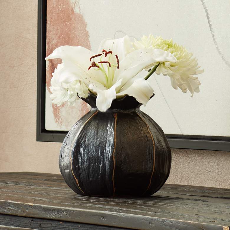 Image 1 Dupree 6 1/4 inch High Matte Black Ridged Round Pomegranate Porcelain Vase