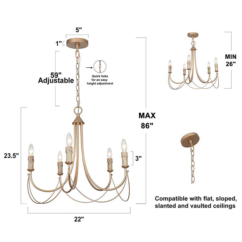 Image 7 Durril 22 inch Wide Gold Iron 5-Light Chandelier more views