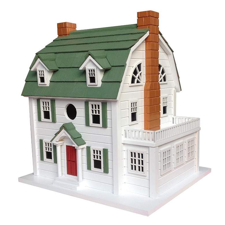 Image 1 Dutch Colonial White Wood Birdhouse with Green Roof